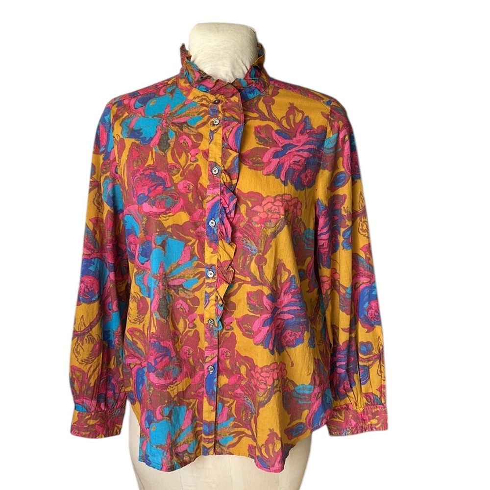 Sundance Lightweight Floral Ruffle Button Down‎ Blouse Abstract Western Pink L